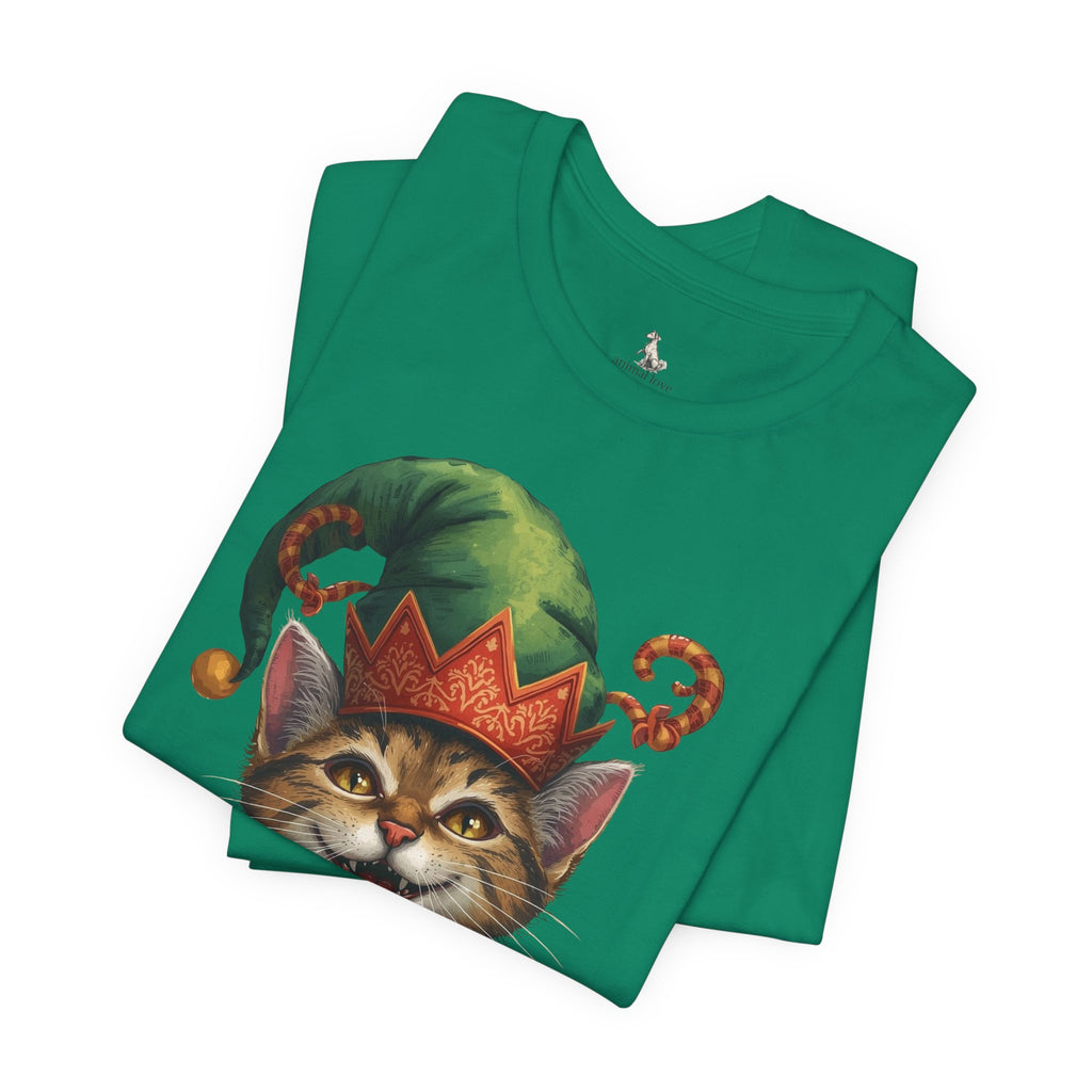Cat Elf T-Shirt — Smiling Tabby in Festive Elf Hat