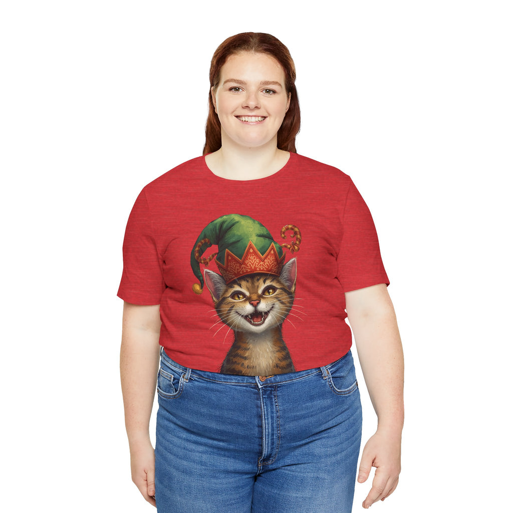 Cat Elf T-Shirt — Smiling Tabby in Festive Elf Hat