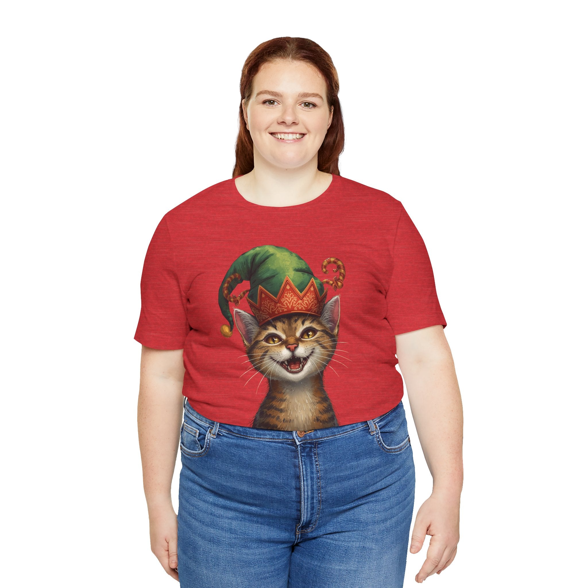 Cat Elf T-Shirt — Smiling Tabby in Festive Elf Hat