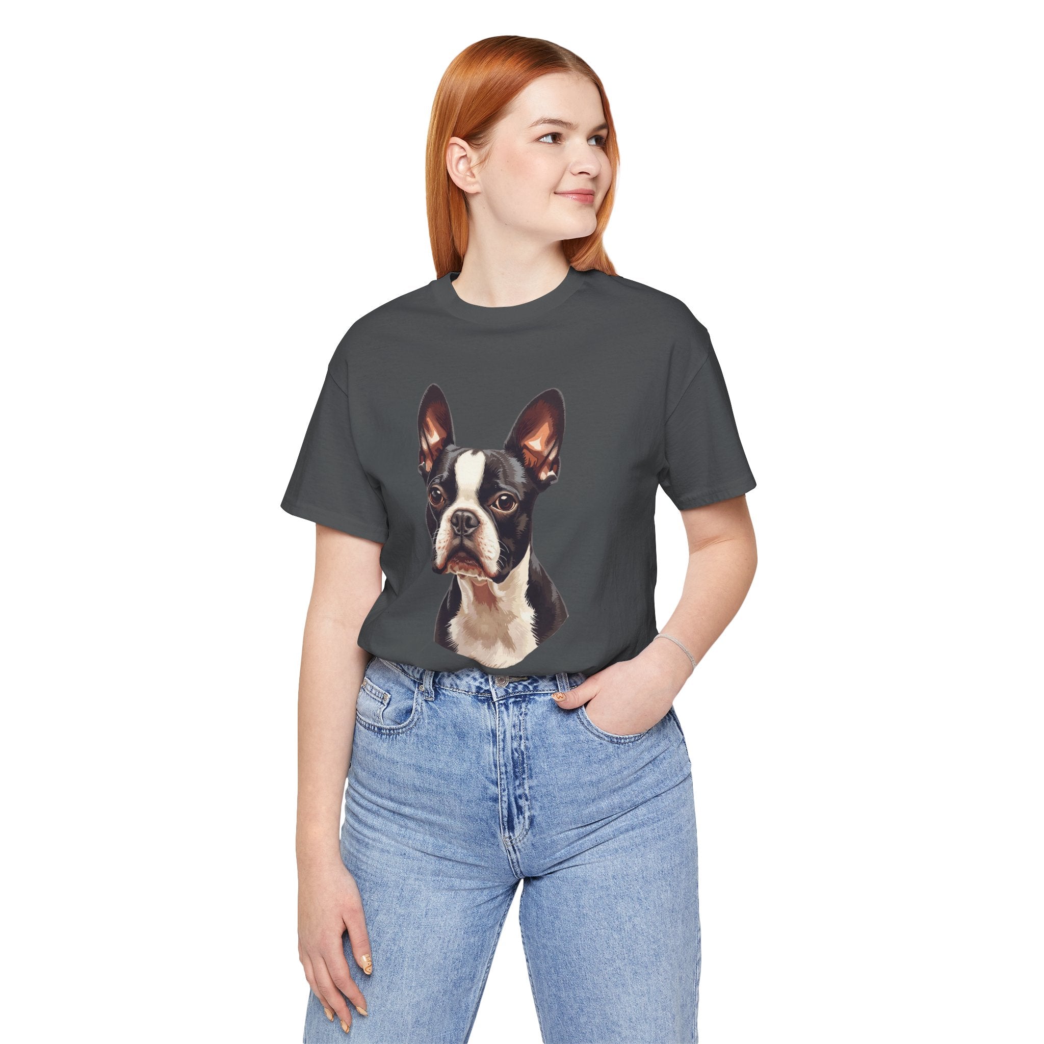 Boston Terrier Portrait T-Shirt – Realistic Dog Face Tee for Pet Lovers