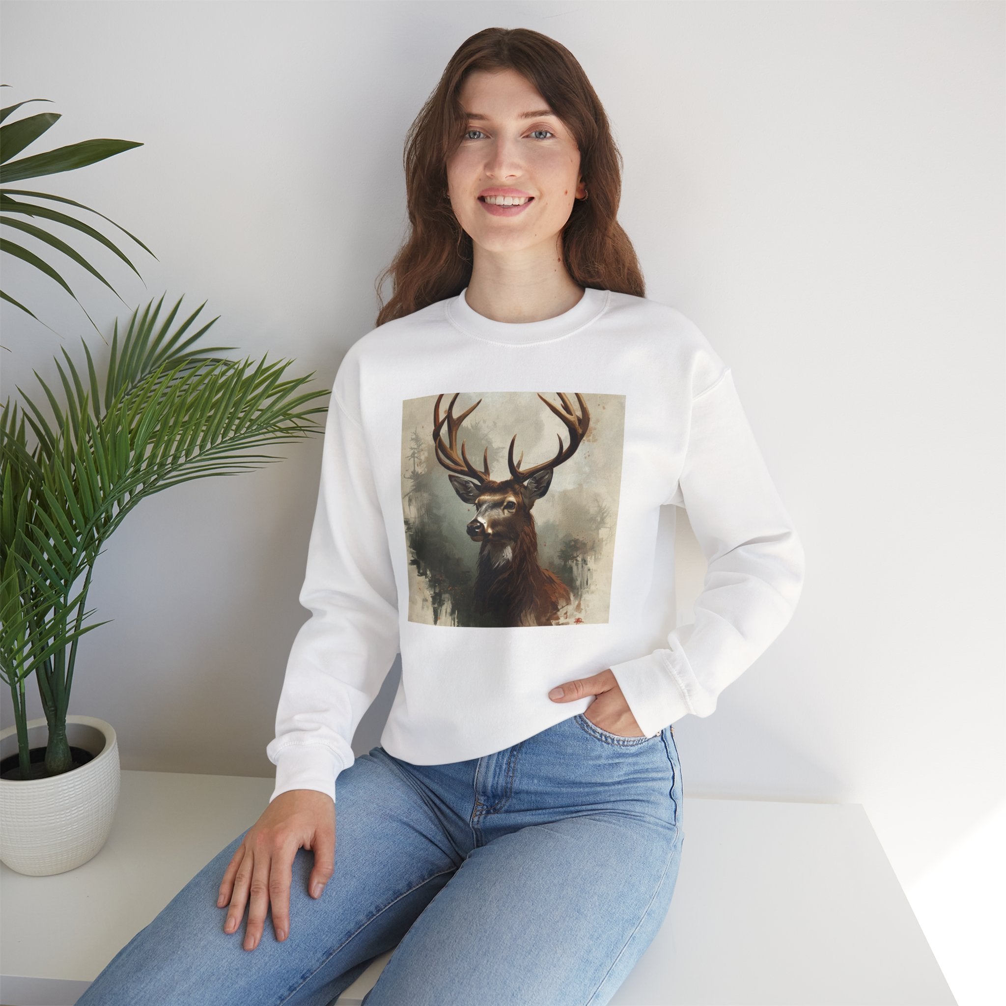 Stag Portrait Crewneck Sweatshirt — Majestic Deer Watercolor