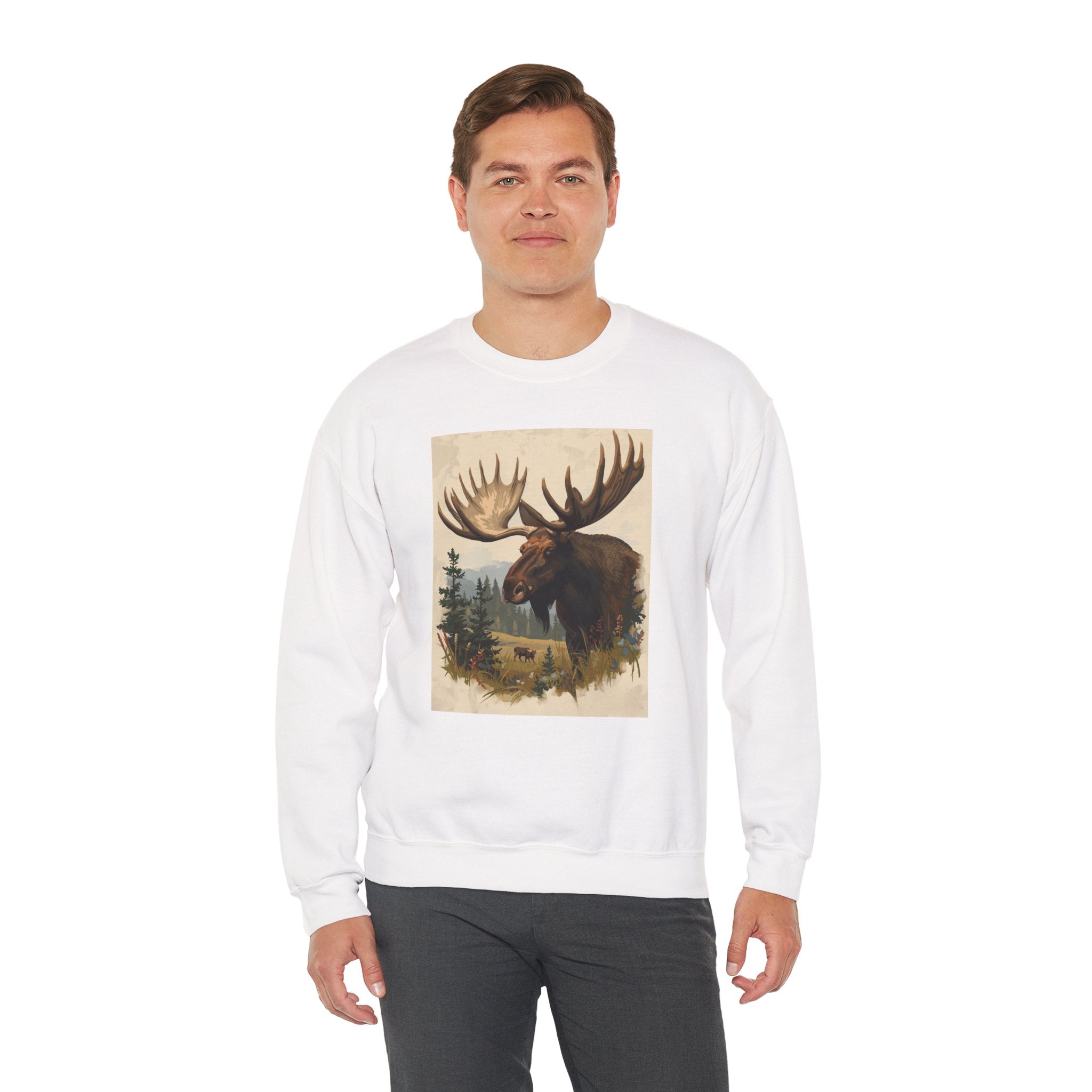 Moose in the Woods Crewneck Sweatshirt — Woodland Moose Illustration
