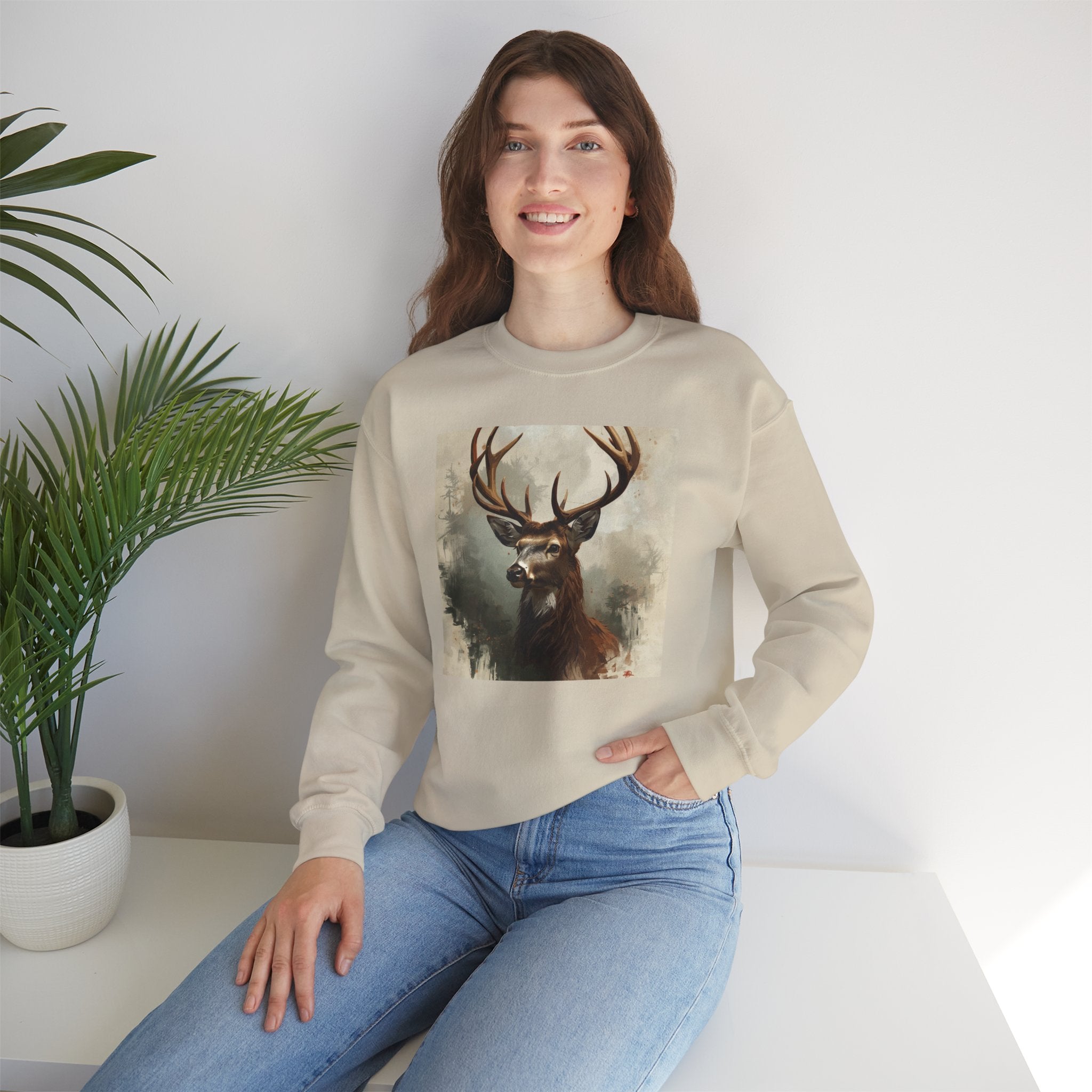 Stag Portrait Crewneck Sweatshirt — Majestic Deer Watercolor